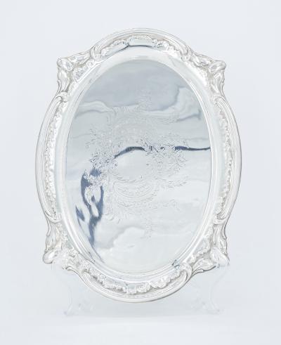 English Silver Plated Oval Shape Hand Decorated Interior Serving Tray