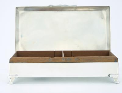 English Silver Plated Wood Interior Footed Cigarette Vanity Box