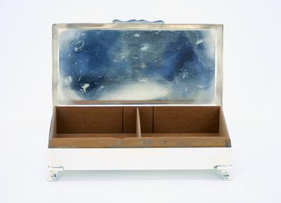 English Silver Plated Wood Interior Footed Cigarette Vanity Box