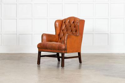 English Tan Leather Wingback Armchair