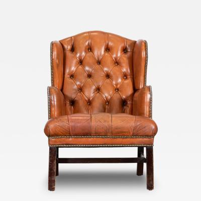 English Tan Leather Wingback Armchair