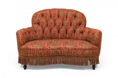 English Tufted Red and Blue Paisley Upholstered Rounded Back Loveseat
