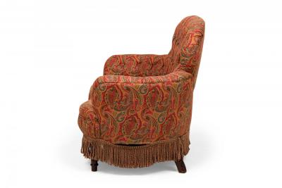 English Tufted Red and Blue Paisley Upholstered Rounded Back Loveseat