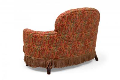 English Tufted Red and Blue Paisley Upholstered Rounded Back Loveseat