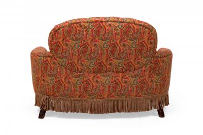 English Tufted Red and Blue Paisley Upholstered Rounded Back Loveseat