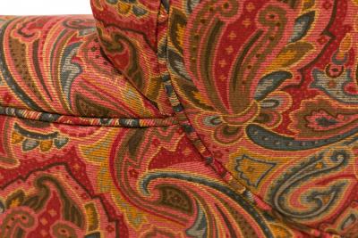 English Tufted Red and Blue Paisley Upholstered Rounded Back Loveseat