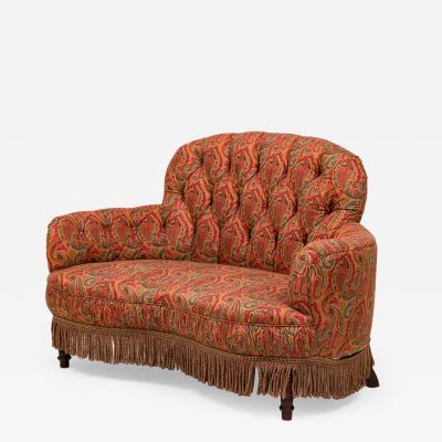 English Tufted Red and Blue Paisley Upholstered Rounded Back Loveseat