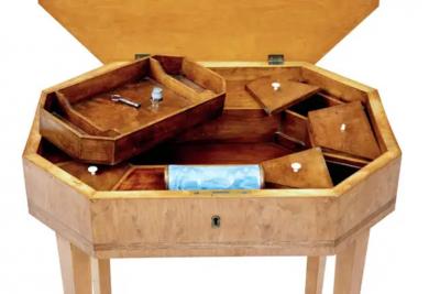 English Turn of the Century 1900s Octagonal Top Birchwood Work Table