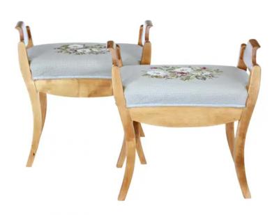 English Turn of the Century Birch Stools with Curving Arms and Saber Legs