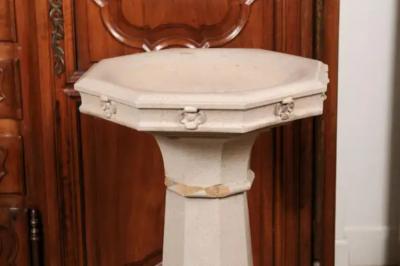 English Turn of the Century Glazed Pottery Bird Bath with Carved Flowers 1900s