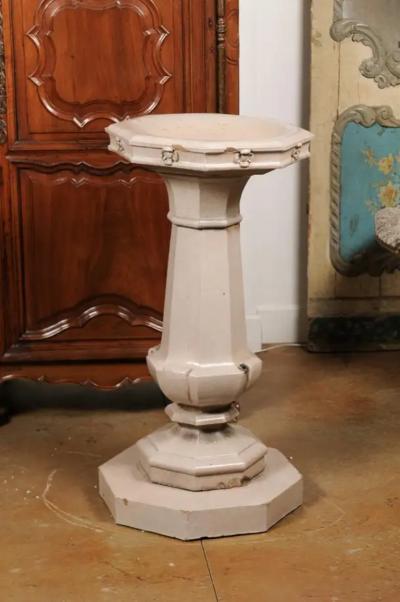 English Turn of the Century Glazed Pottery Bird Bath with Carved Flowers 1900s