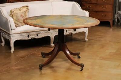English Turn of the Century Mahogany Tilt Top Center Table with Leather Top