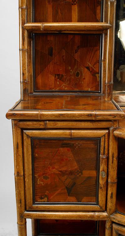 English Victorian Bamboo and Lacquer Trimmed Inlaid Bow Front Etagere