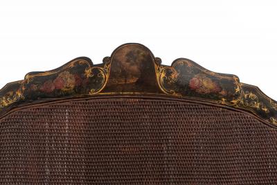 English Victorian Black Lacquered Floral Settee