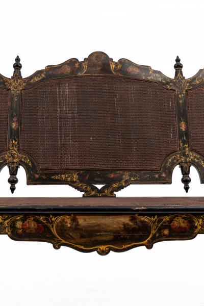 English Victorian Black Lacquered Floral Settee