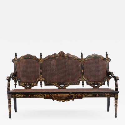 English Victorian Black Lacquered Floral Settee