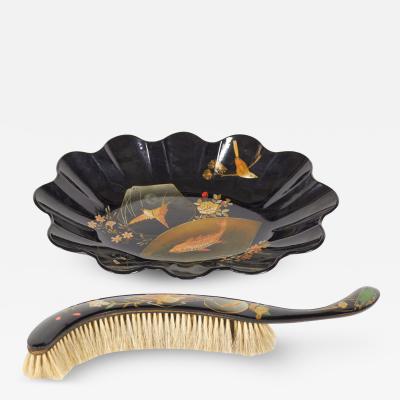 English Victorian Black Lacquered Tray and Brush