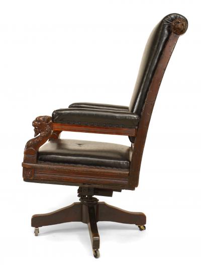 English Victorian Black Leather Swivel Chair