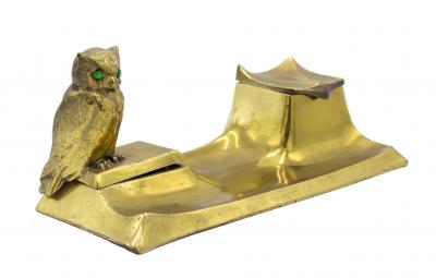 English Victorian Brass Owl Inkwell