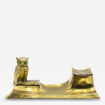 English Victorian Brass Owl Inkwell