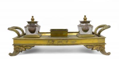 English Victorian Bronze Double Inkwell