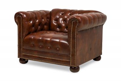 English Victorian Chesterfield Style Tufted Brown Leather Lounge Chairs