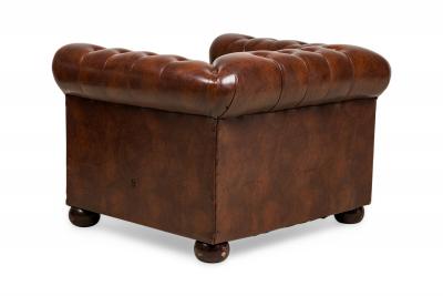 English Victorian Chesterfield Style Tufted Brown Leather Lounge Chairs
