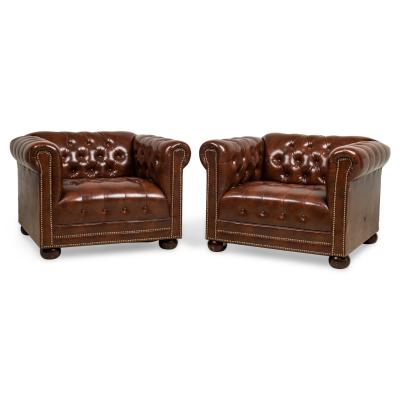 English Victorian Chesterfield Style Tufted Brown Leather Lounge Chairs
