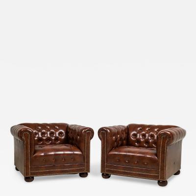 English Victorian Chesterfield Style Tufted Brown Leather Lounge Chairs