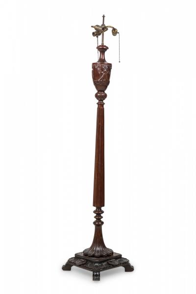 English Victorian Elaborately Carved Mahogany and Brass Floor Lamp