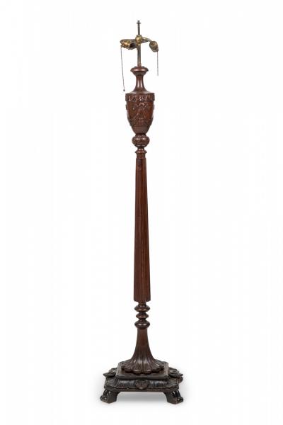English Victorian Elaborately Carved Mahogany and Brass Floor Lamp