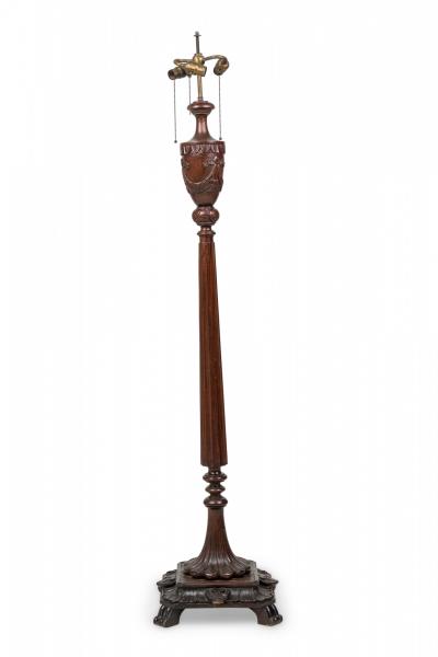 English Victorian Elaborately Carved Mahogany and Brass Floor Lamp
