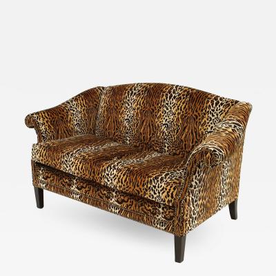 English Victorian Faux Leopard Velvet Loveseat