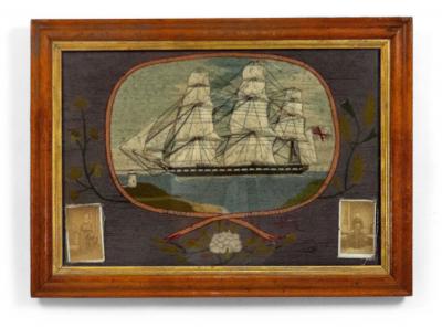 English Victorian Framed Memorial Ship Embroidery