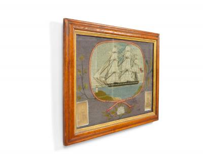 English Victorian Framed Memorial Ship Embroidery