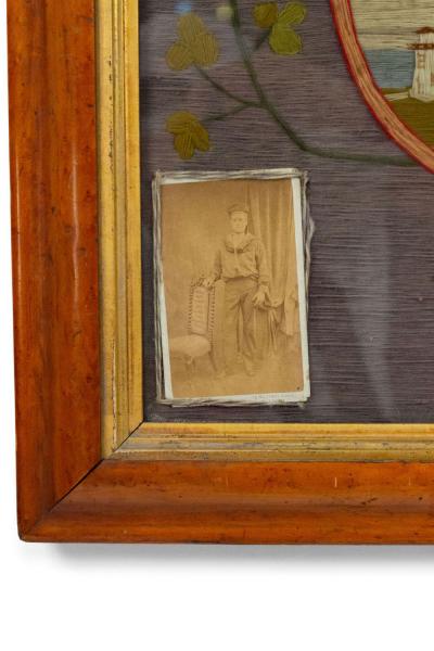 English Victorian Framed Memorial Ship Embroidery