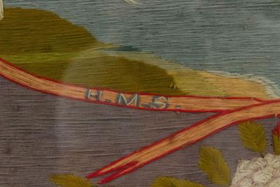 English Victorian Framed Memorial Ship Embroidery
