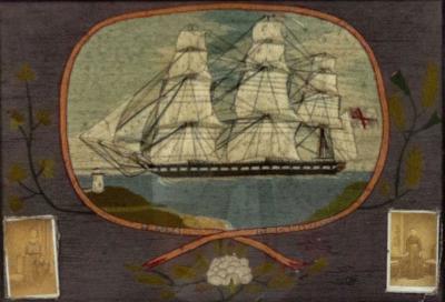 English Victorian Framed Memorial Ship Embroidery