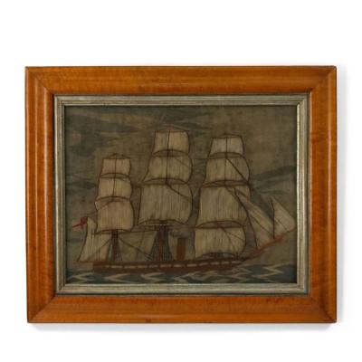English Victorian Framed Ship Embroidery
