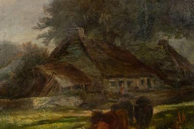 English Victorian Landscape of Boy with Dog and Bulls