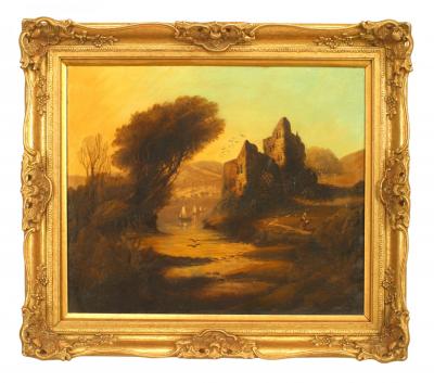 English Victorian Landscape of Lady Near a Castle