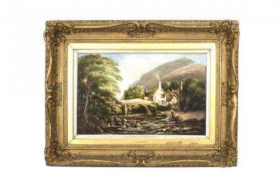 English Victorian Landscape of Lady in a Creek