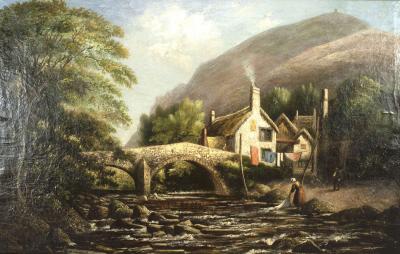 English Victorian Landscape of Lady in a Creek