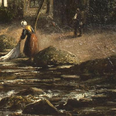 English Victorian Landscape of Lady in a Creek