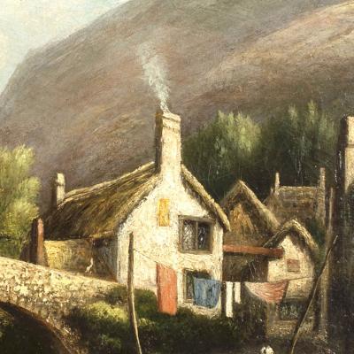 English Victorian Landscape of Lady in a Creek