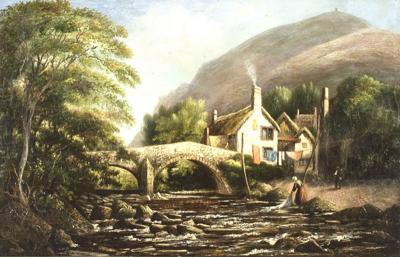 English Victorian Landscape of Lady in a Creek