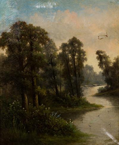 English Victorian Landscape of Stream and Trees