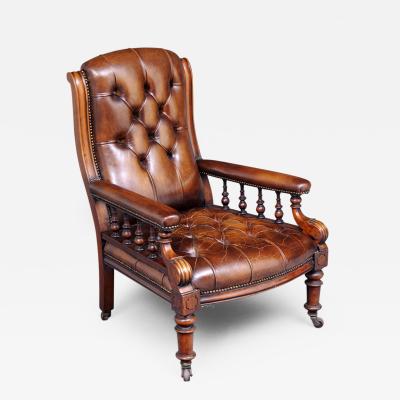 English Victorian Mahogany and Leather Library Armchair Circa 1860