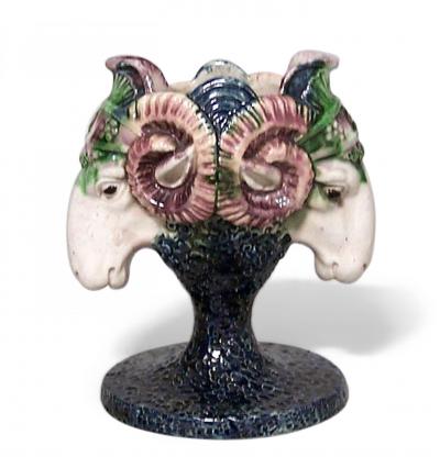 English Victorian Majolica Porcelain Ram Vase