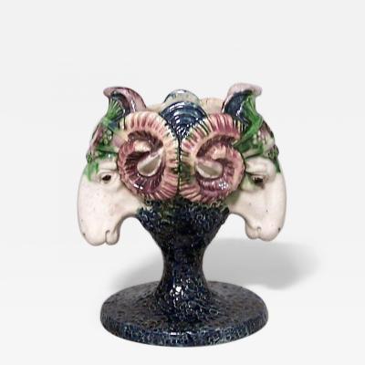 English Victorian Majolica Porcelain Ram Vase